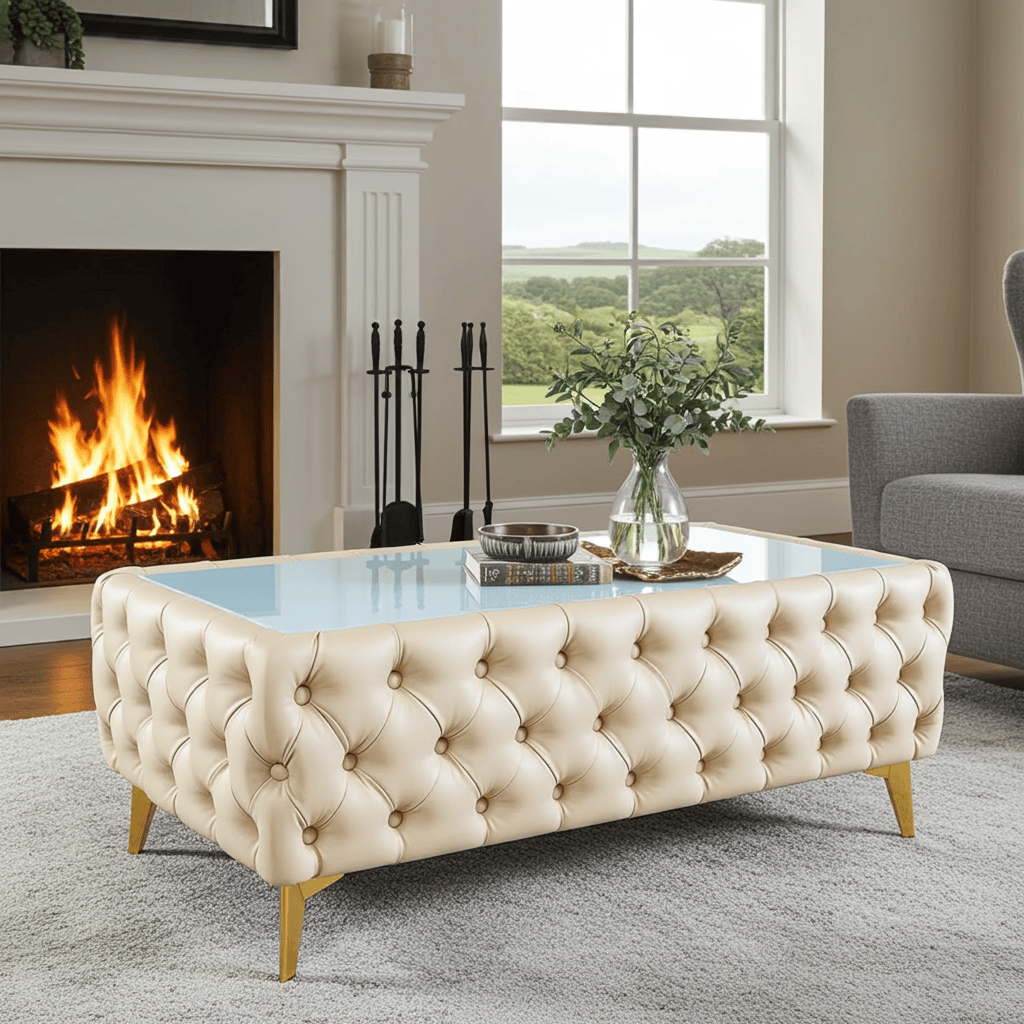 Chester Lux Coffee Table Eco Leather Light Beige Rectangle 103x63x45cm with Glass
