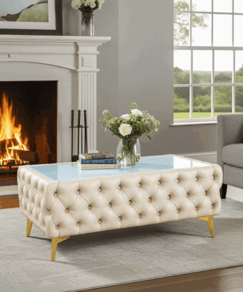 Chester Lux Coffee Table Eco Leather Light Beige Rectangle 103x63x45cm with Glass