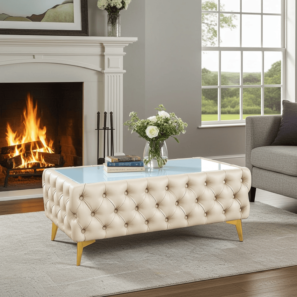 Chester Lux Coffee Table Eco Leather Light Beige Rectangle 103x63x45cm with Glass