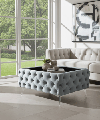 Chester Lux Coffee Table Velvet Grey Rectangle 103x63x45cm with Glass