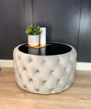 Velvet Button-Tufted Round Coffee Table Beige with Tinted Glass Top Diameter 80 cm