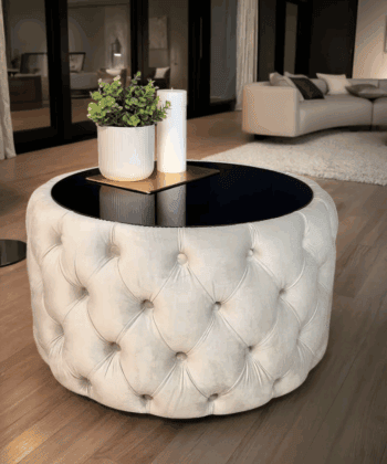 Velvet Button-Tufted Round Coffee Table Beige with Tinted Glass Top Diameter 80 cm