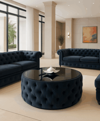 Velvet Button-Tufted Round Coffee Table Black with Tinted Glass Top Diameter 80 cm