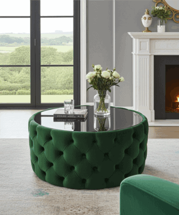 Velvet Button-Tufted Round Coffee Table Black with Tinted Glass Top Diameter 80 cm