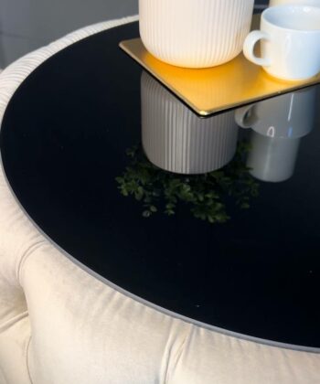 Velvet Button-Tufted Round Coffee Table with Tinted Glass Top Diameter 60 cm