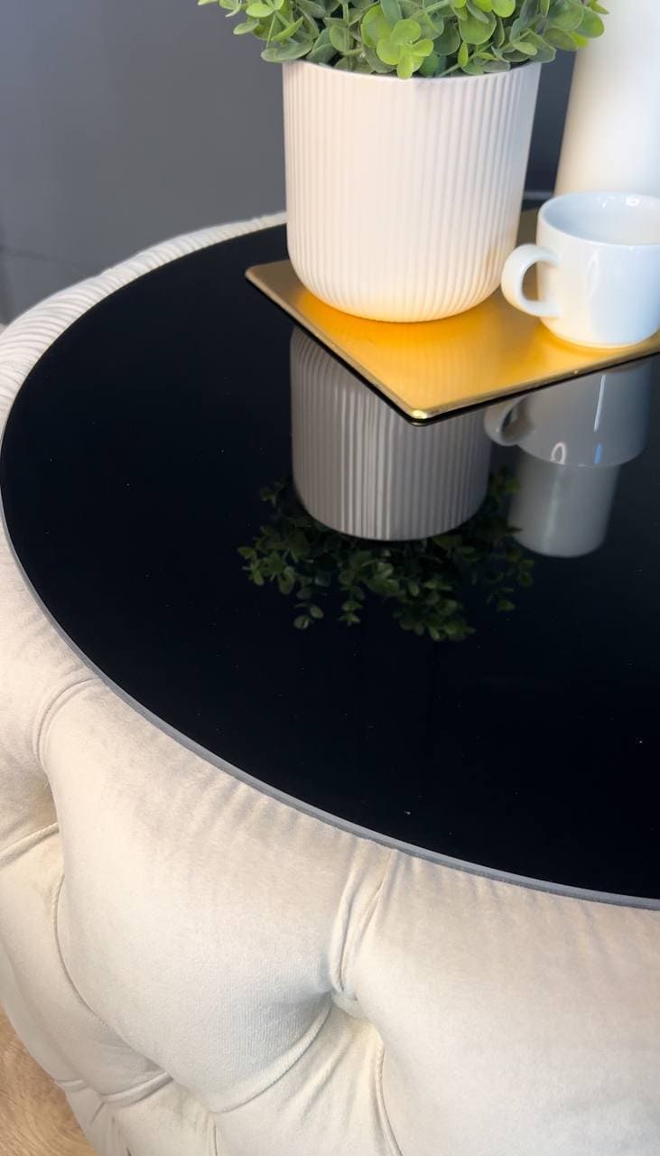 Velvet Button-Tufted Round Coffee Table with Tinted Glass Top Diameter 60 cm