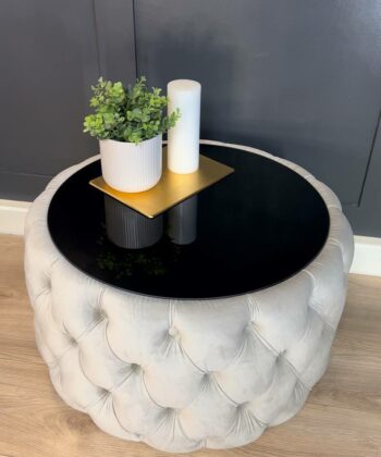 Velvet Button-Tufted Round Coffee Table with Tinted Glass Top Diameter 60 cm