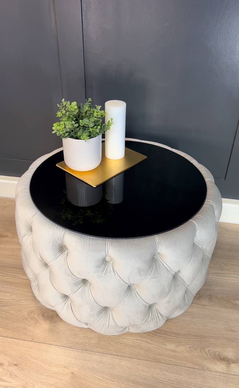 Velvet Button-Tufted Round Coffee Table with Tinted Glass Top Diameter 60 cm