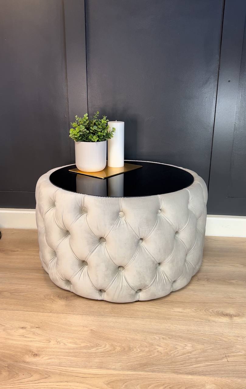 Velvet Button-Tufted Round Coffee Table with Tinted Glass Top Diameter 60 cm