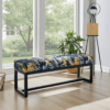 Bench Navy Velvet with Tropical Pattern, Black Metal Frame