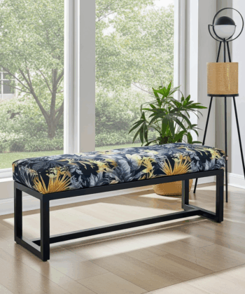 Bench Navy Velvet with Tropical Pattern, Black Metal Frame