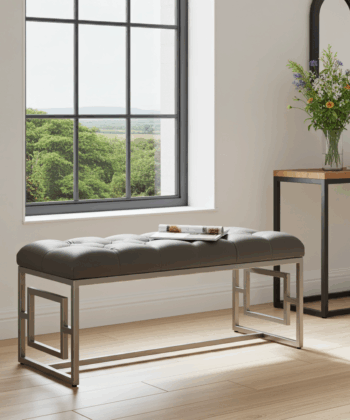 Metal-Framed Bench Grey Eco Leather with Silver Chrome Frame