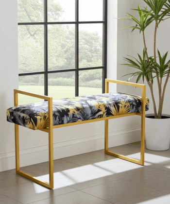 Metal-Framed Bench Navy Tropical Velvet with Gold Frame