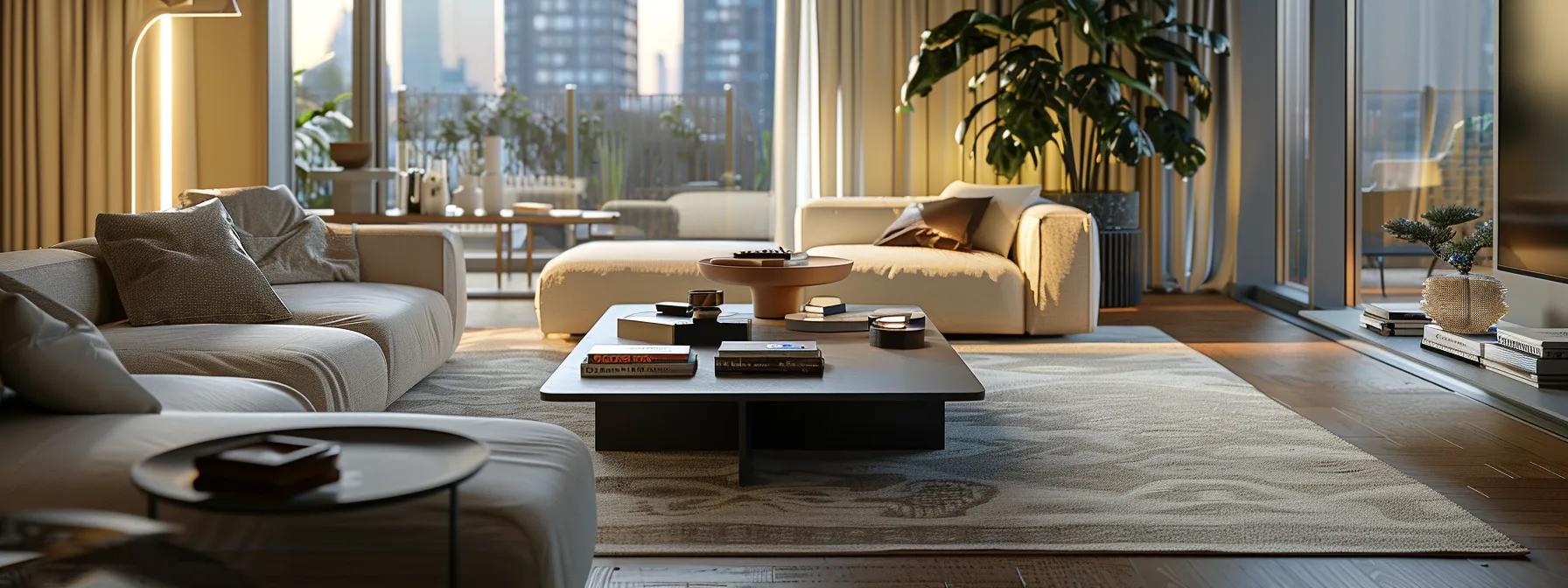 a contemporary living room featuring a stylish, modern coffee table at the perfect height for both comfort and functionality, set against a backdrop of sleek furniture that complements a sophisticated urban lifestyle.