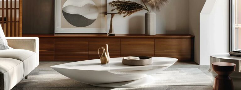 a meticulously styled living room features a sleek, minimalist coffee table at the perfect height, surrounded by contemporary furniture that highlights the theme of interior design and the art of selecting the ideal coffee table for modern spaces.