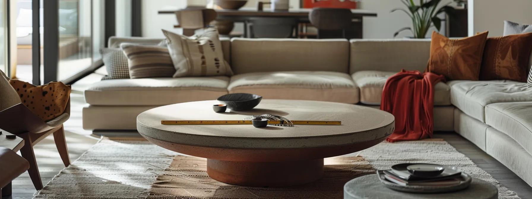 a stylish living room interior featuring an elegantly measured coffee table surrounded by contemporary furniture, showcasing a tape measure on the table to emphasise precision in selection and scale.