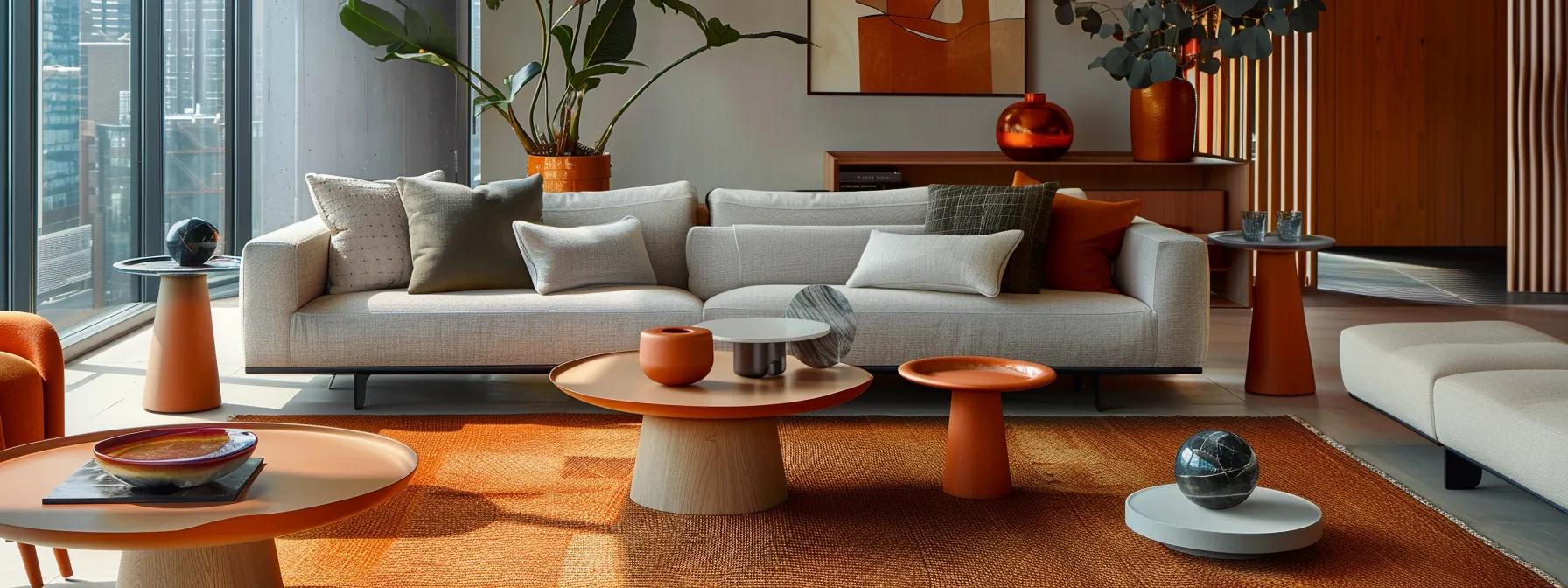 a stylish, modern living room featuring a selection of coffee tables at varying heights, accentuated by chic decor and an inviting atmosphere, illustrating the importance of proper height selection for both aesthetics and functionality.