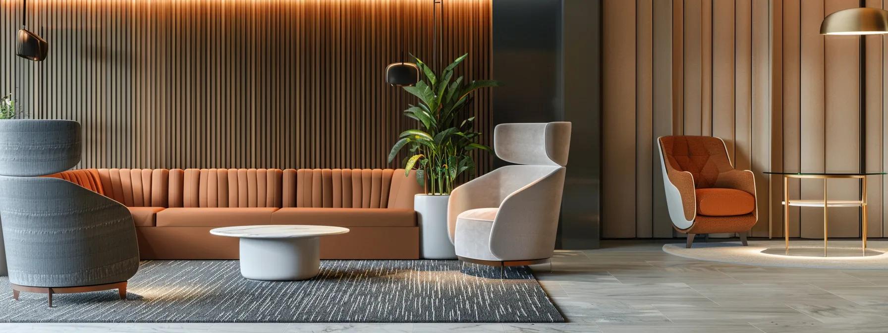 a luxurious, modern interior showcases a selection of upholstered seat panels featuring innovative patterns and eco-friendly materials, elegantly arranged in a sleek office space with sophisticated lighting that highlights the bespoke craftsmanship.