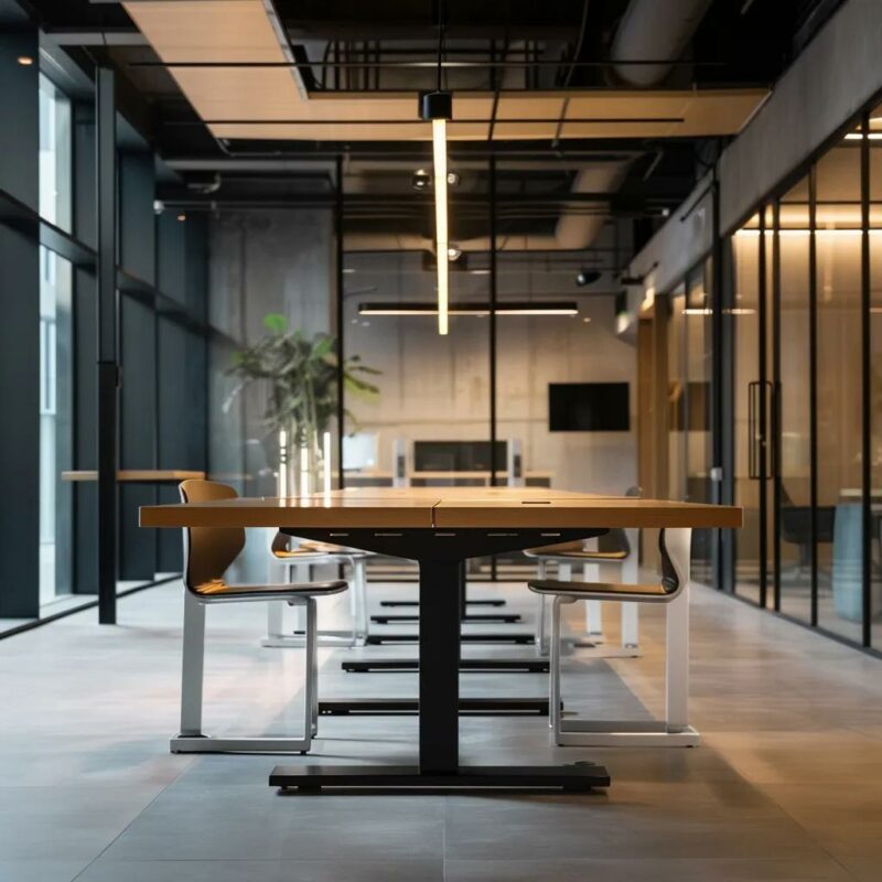 a sleek, modern office space featuring an array of stylish metal table legs displayed prominently against a minimalist backdrop, showcasing their diverse designs and contemporary appeal.