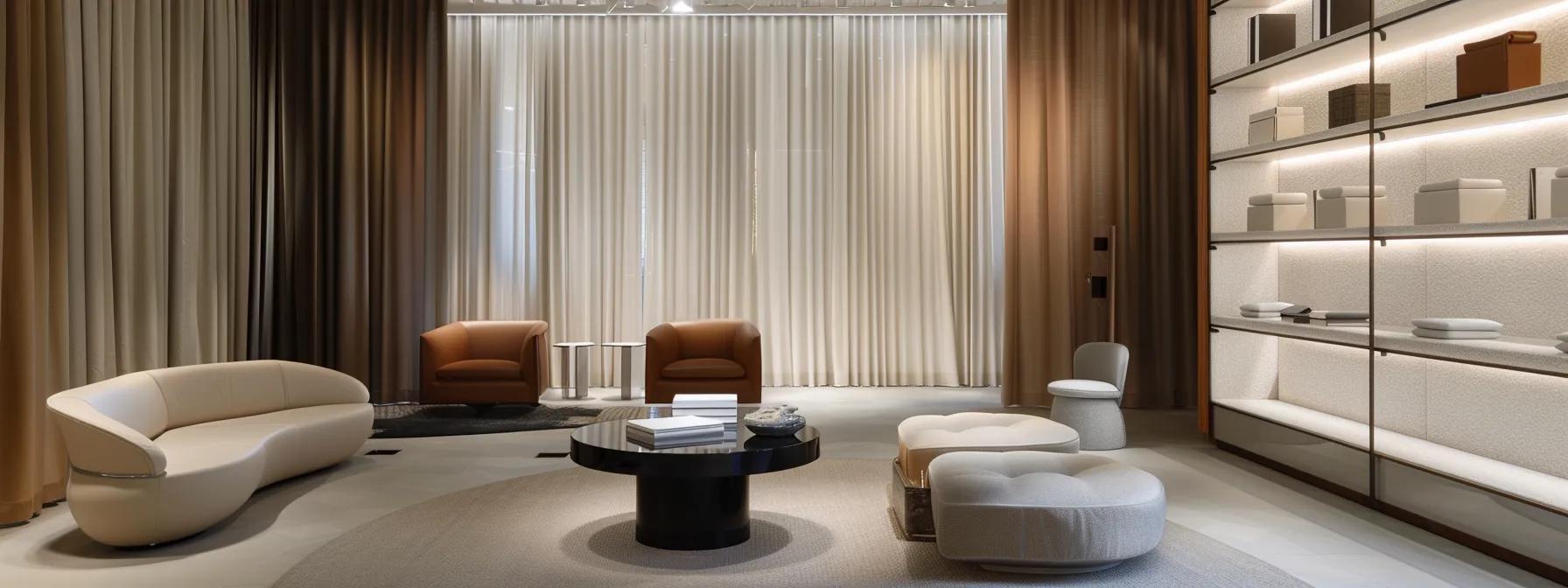 a sophisticated showroom interior showcases an array of elegantly designed, made-to-measure seating options, highlighting their luxurious fabrics and tailored craftsmanship amidst a minimalist, modern aesthetic.