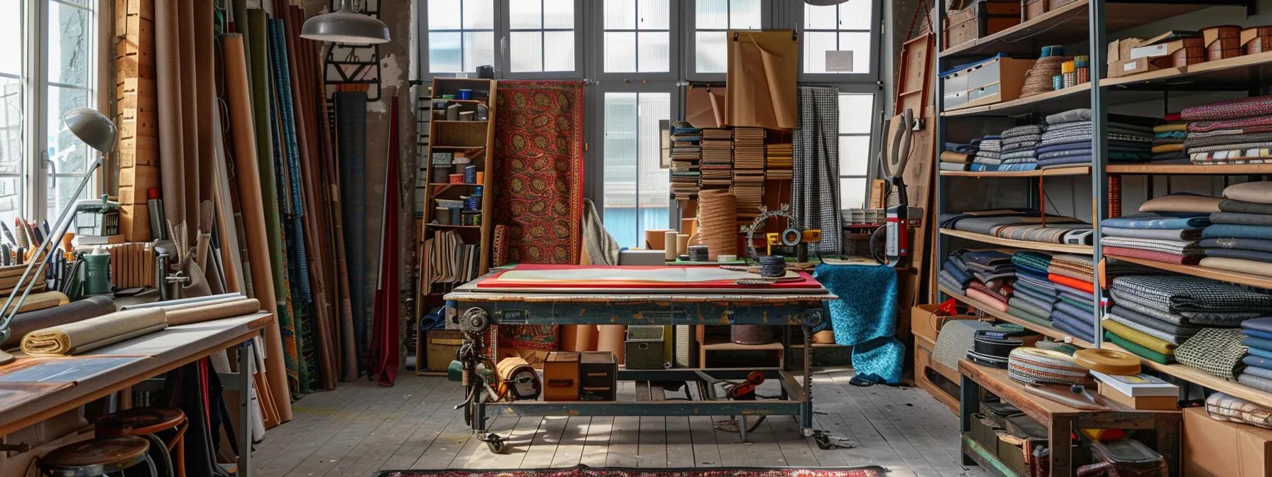 a sophisticated workshop interior showcases skilled artisans meticulously crafting custom upholstery, surrounded by vibrant fabric samples and precision tools, highlighting the intricate design process and dedication to quality.