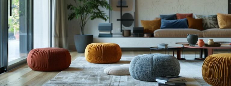 a stylish, modern living room featuring an array of elegantly designed poufs of various sizes, showcasing the unique textures and colors available on the pouffe love website.