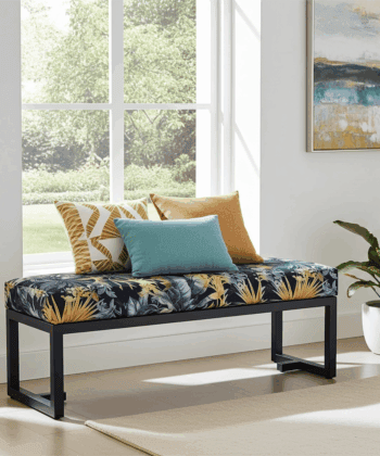 Bench Navy Velvet with Tropical Pattern, Black Metal Frame
