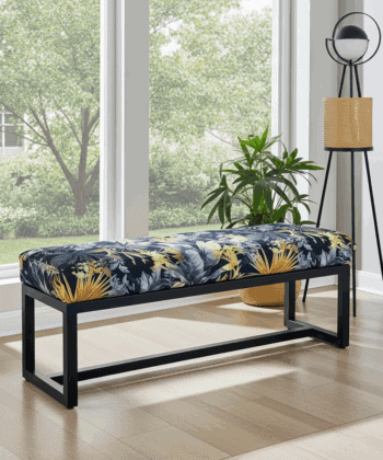 Bench Navy Velvet with Tropical Pattern, Black Metal Frame