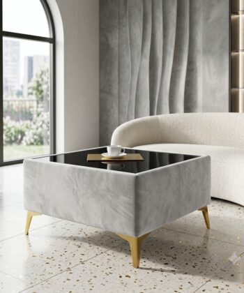 Custom Velvet Coffee Table with Glass Top – Choose Your Size & Finish