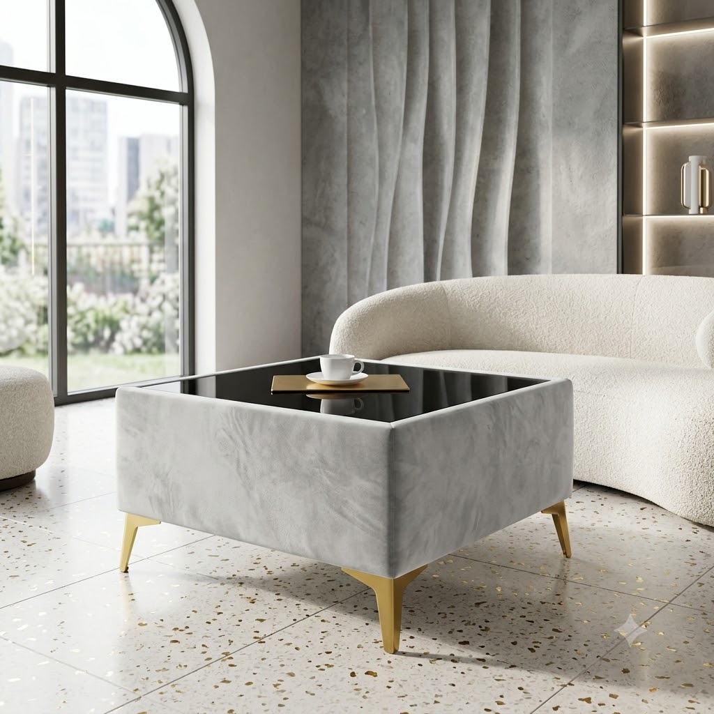Custom Velvet Coffee Table with Glass Top – Choose Your Size & Finish
