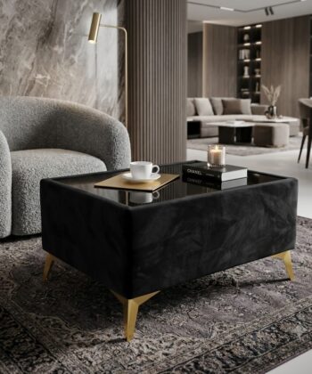Custom Velvet Coffee Table with Glass Top – Choose Your Size & Finish