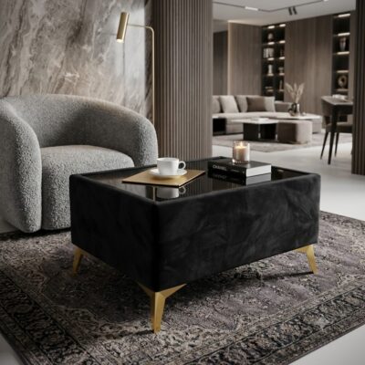 Custom Velvet Coffee Table with Glass Top – Choose Your Size & Finish
