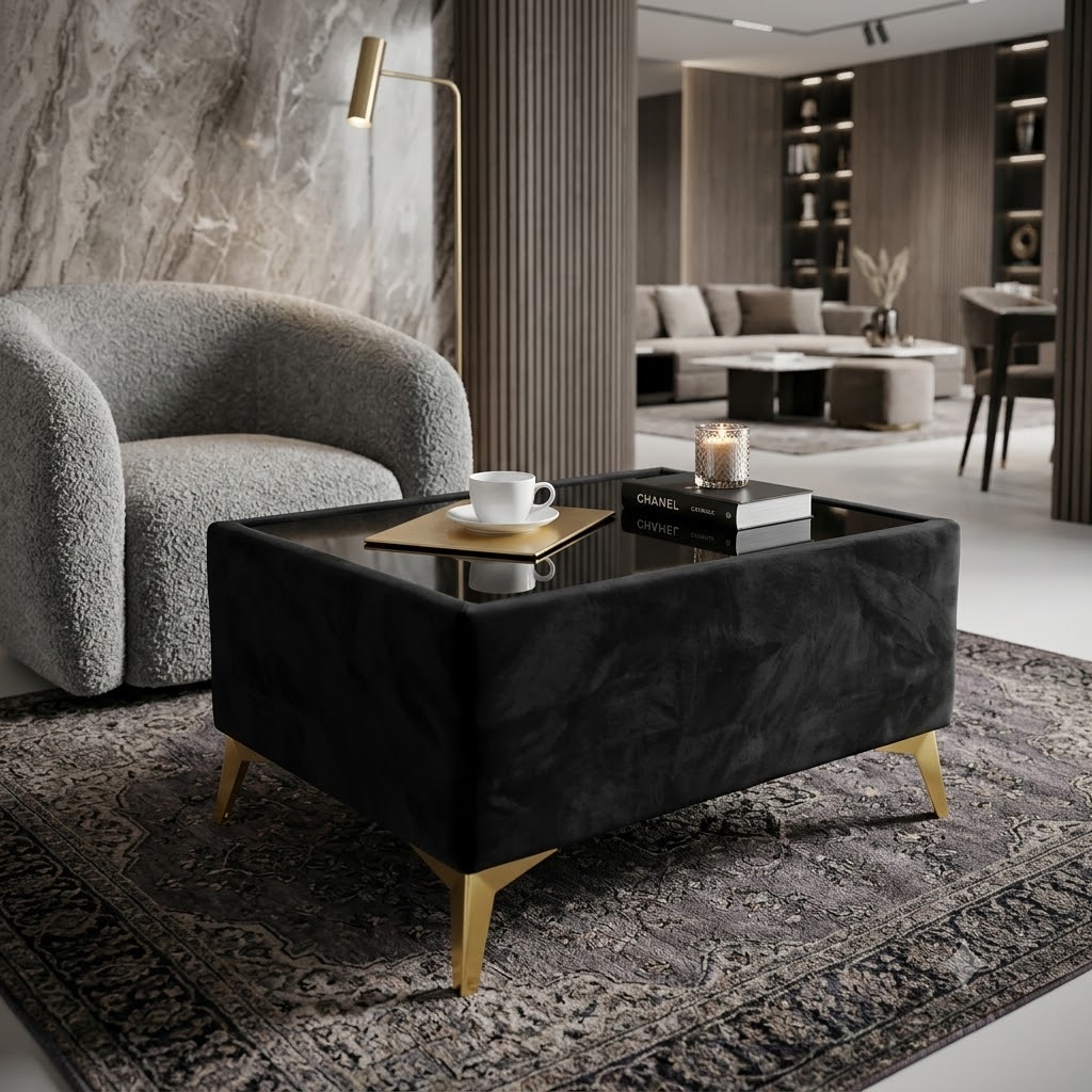 Custom Velvet Coffee Table with Glass Top – Choose Your Size & Finish