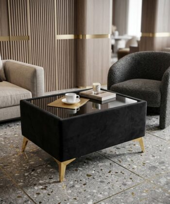 Custom Velvet Coffee Table with Glass Top – Choose Your Size & Finish