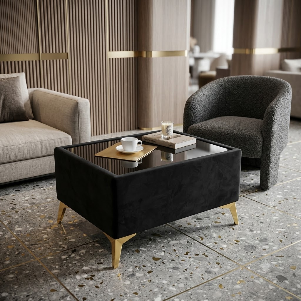 Custom Velvet Coffee Table with Glass Top – Choose Your Size & Finish