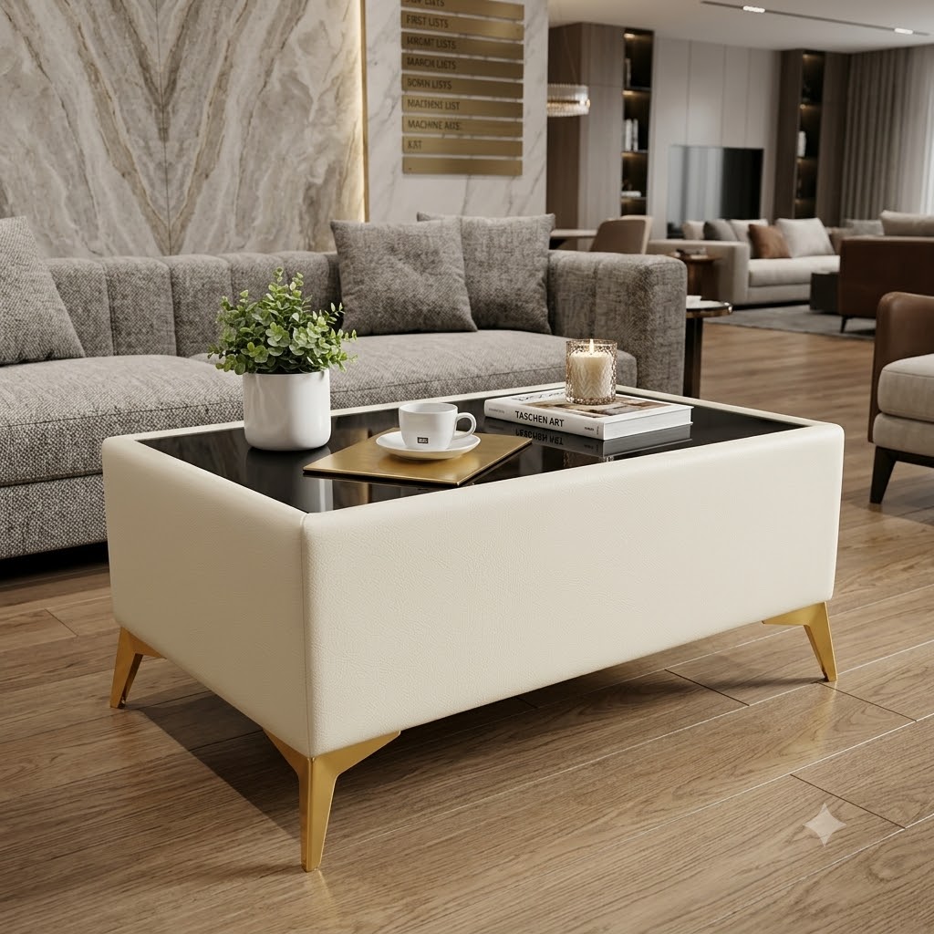 Custom Velvet Coffee Table with Glass Top – Choose Your Size & Finish
