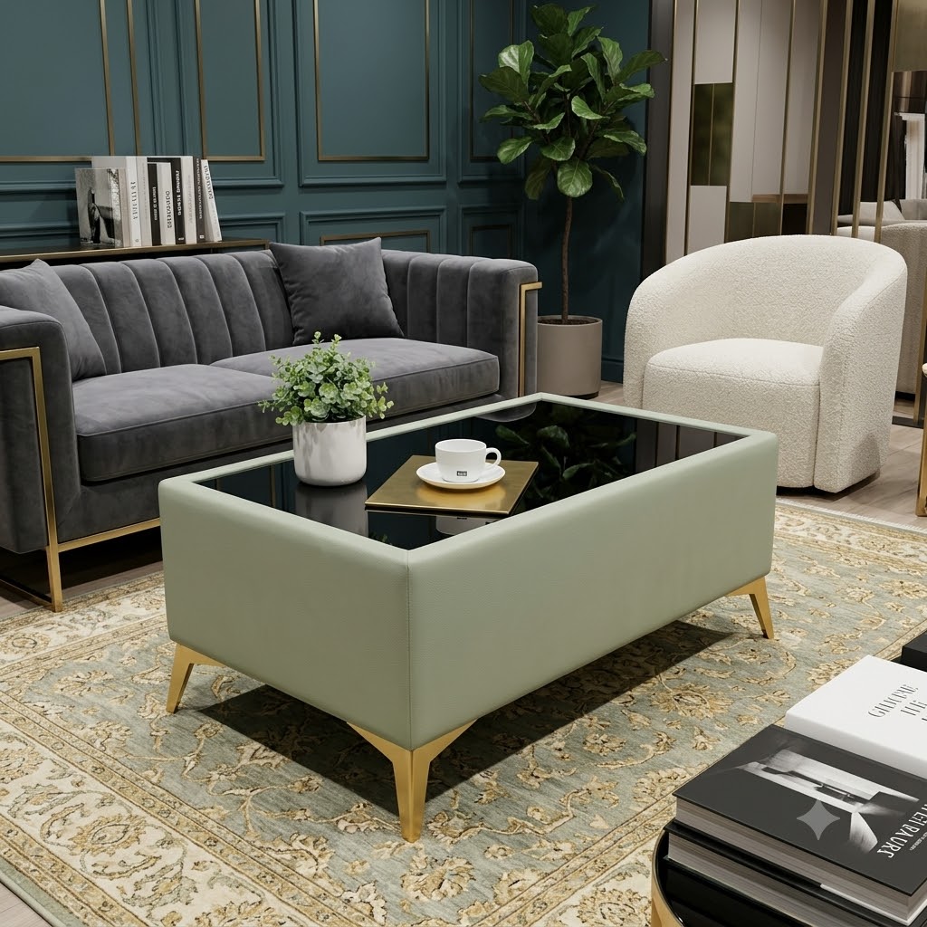 Custom Velvet Coffee Table with Glass Top – Choose Your Size & Finish