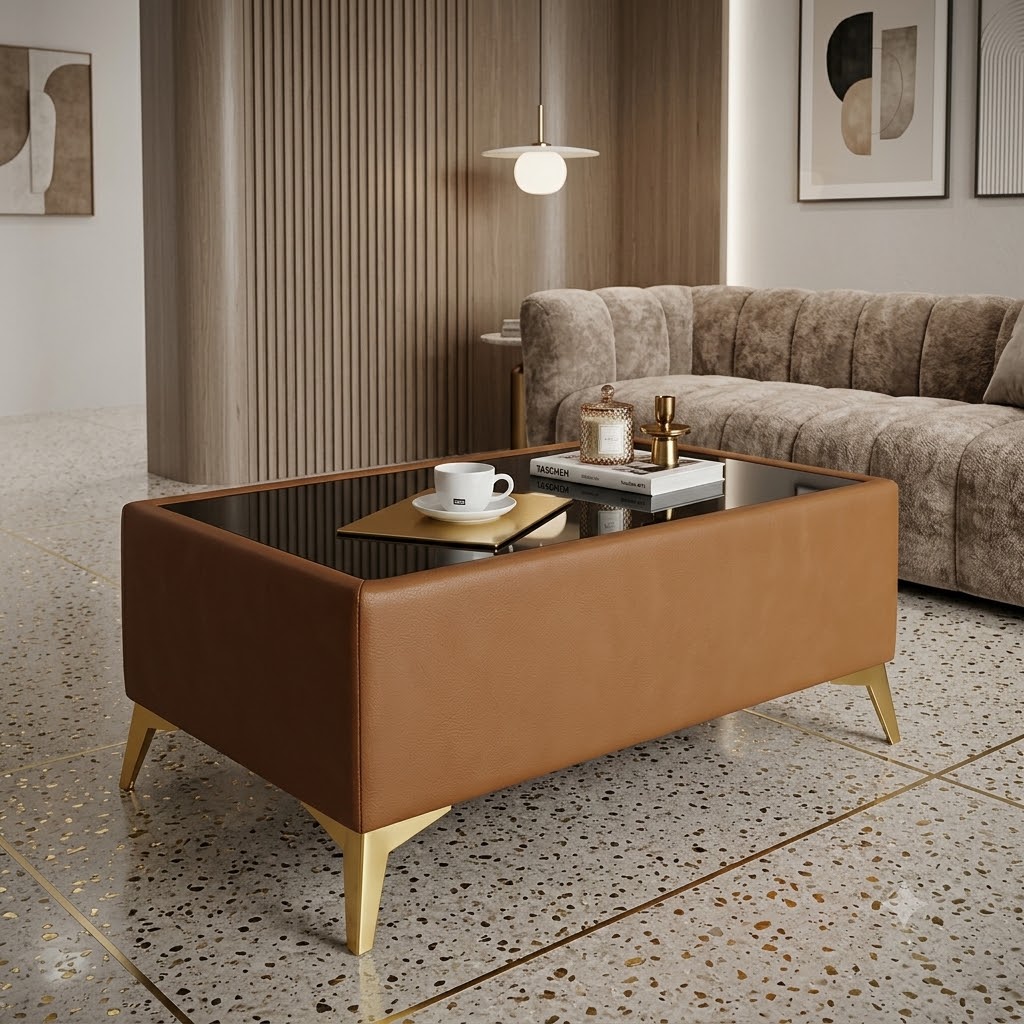 Custom Velvet Coffee Table with Glass Top – Choose Your Size & Finish