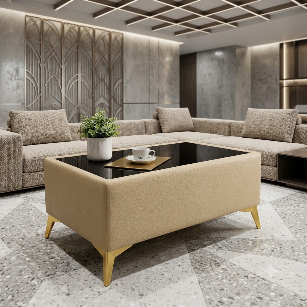 Custom Velvet Coffee Table with Glass Top – Choose Your Size & Finish