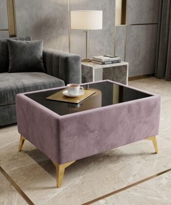 Custom Velvet Coffee Table with Glass Top – Choose Your Size & Finish