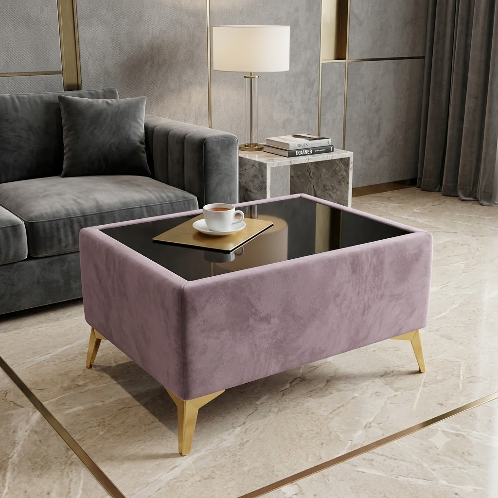 Custom Velvet Coffee Table with Glass Top – Choose Your Size & Finish