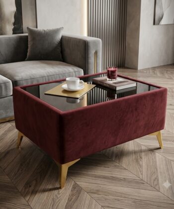 Custom Velvet Coffee Table with Glass Top – Choose Your Size & Finish