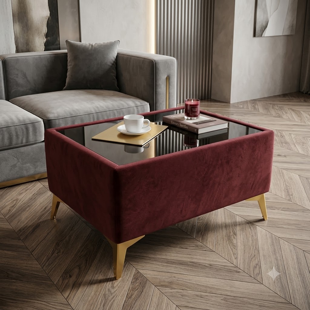 Custom Velvet Coffee Table with Glass Top – Choose Your Size & Finish
