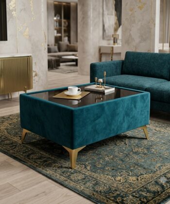 Custom Velvet Coffee Table with Glass Top – Choose Your Size & Finish