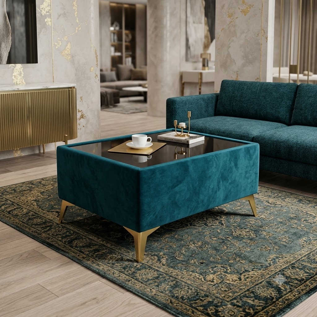 Custom Velvet Coffee Table with Glass Top – Choose Your Size & Finish