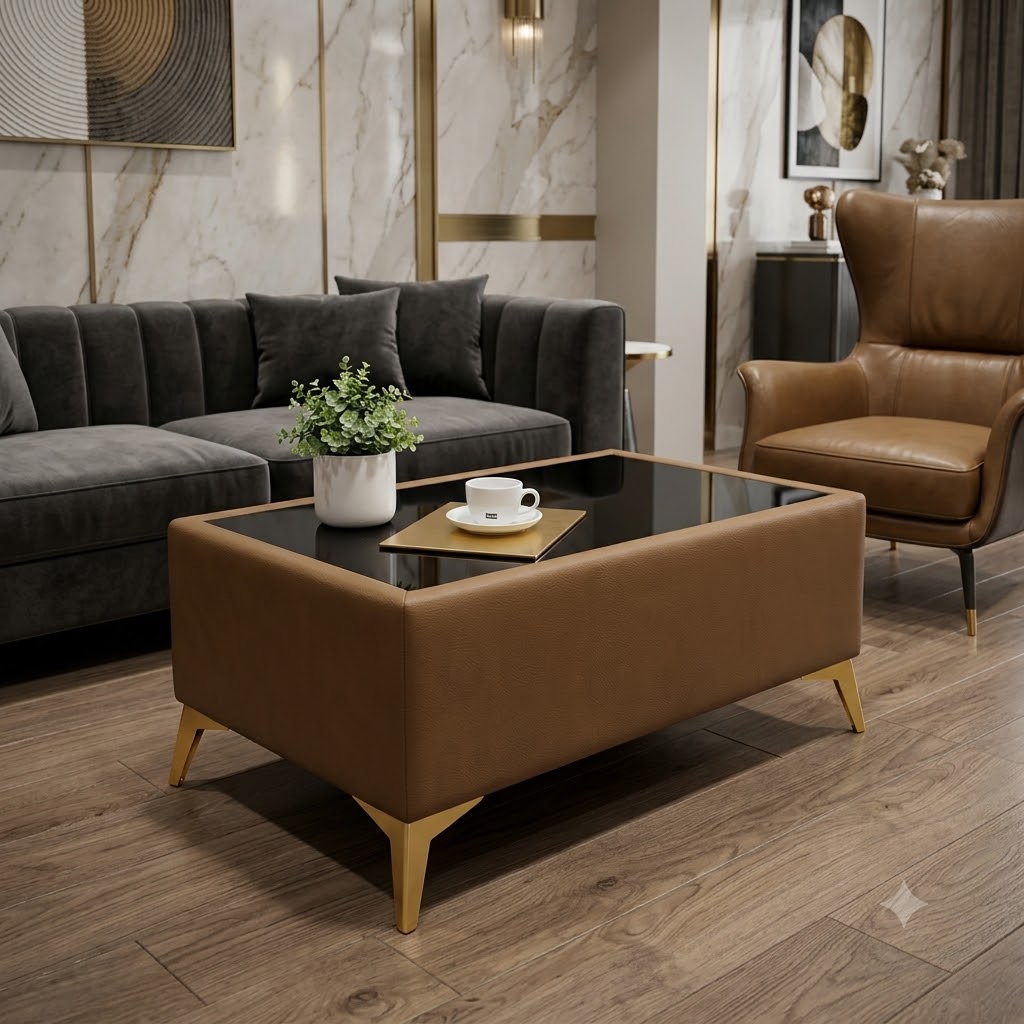 Custom Velvet Coffee Table with Glass Top – Choose Your Size & Finish
