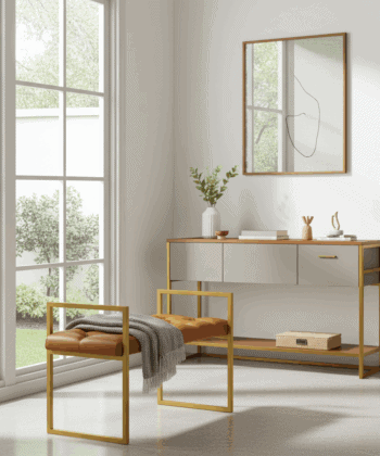 Eco Leather Bench with Gold Frame Tan/Orange Upholstery
