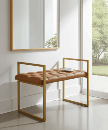 Eco Leather Bench with Gold Frame Tan/Orange Upholstery