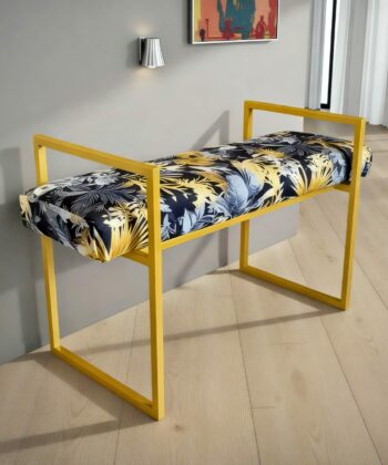 Metal-Framed Bench Navy Tropical Velvet with Gold Frame