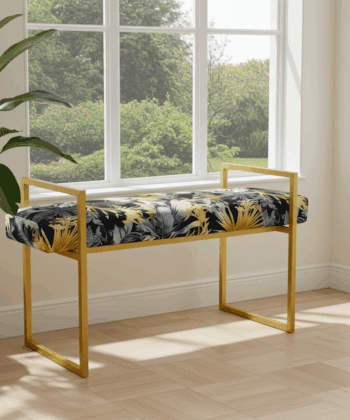 Metal-Framed Bench Navy Tropical Velvet with Gold Frame